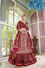 Thumbnail for Lorenvalley Maroon Tussar Silk Floral Print with Foil Print Lehenga Choli with Dupatta - Distacart