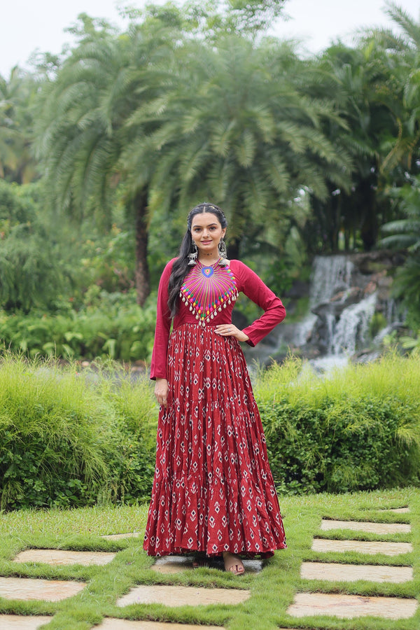 Lorenvalley Maroon Cotton Printed With Kutchi Gamthi Work and Kodi Lace Gown - Distacart