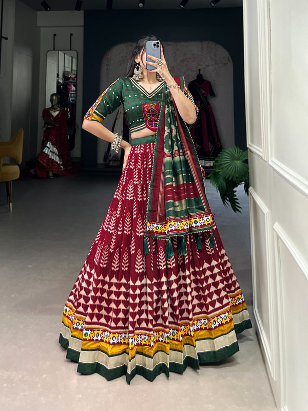Lorenvalley Maroon Dola Silk with Printed With Foil Work And Original Mirror Gamthi Lace Touch Up Lehenga Choli - Distacart