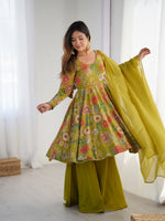 Thumbnail for Lorenvalley Women Pure Soft Roman silk Chanderi Discharge Print Fabric Kediya Kurta Palazzo with Dupatta Set - Distacart