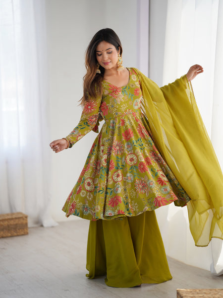 Lorenvalley Women Pure Soft Roman silk Chanderi Discharge Print Fabric Kediya Kurta Palazzo with Dupatta Set - Distacart