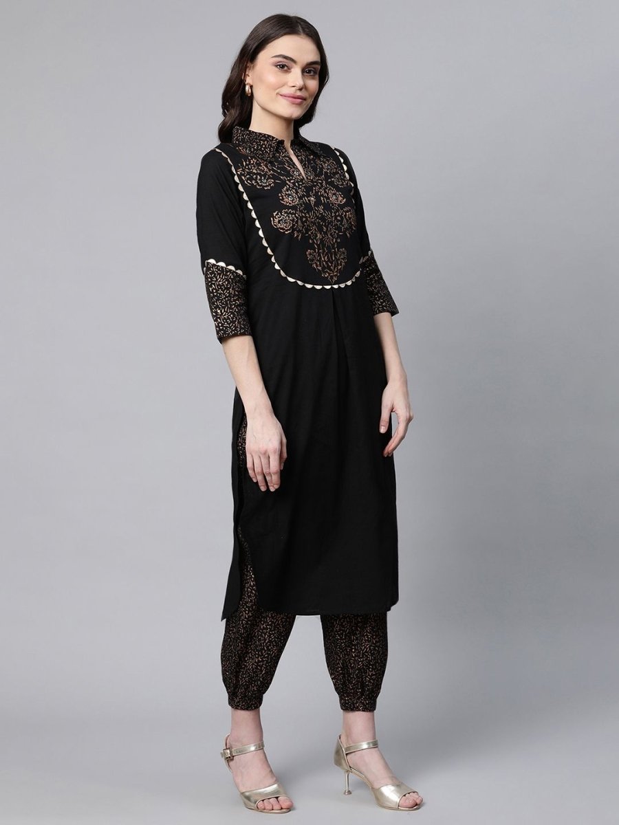 Ahalyaa Women Black Colour Pure Cotton Printed Kurta Pant Set - Distacart