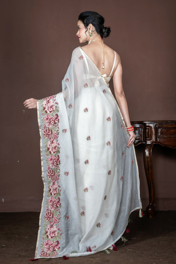 Morchari Off White Supernet Cross Embroidery Saree Unstitched Blouse
