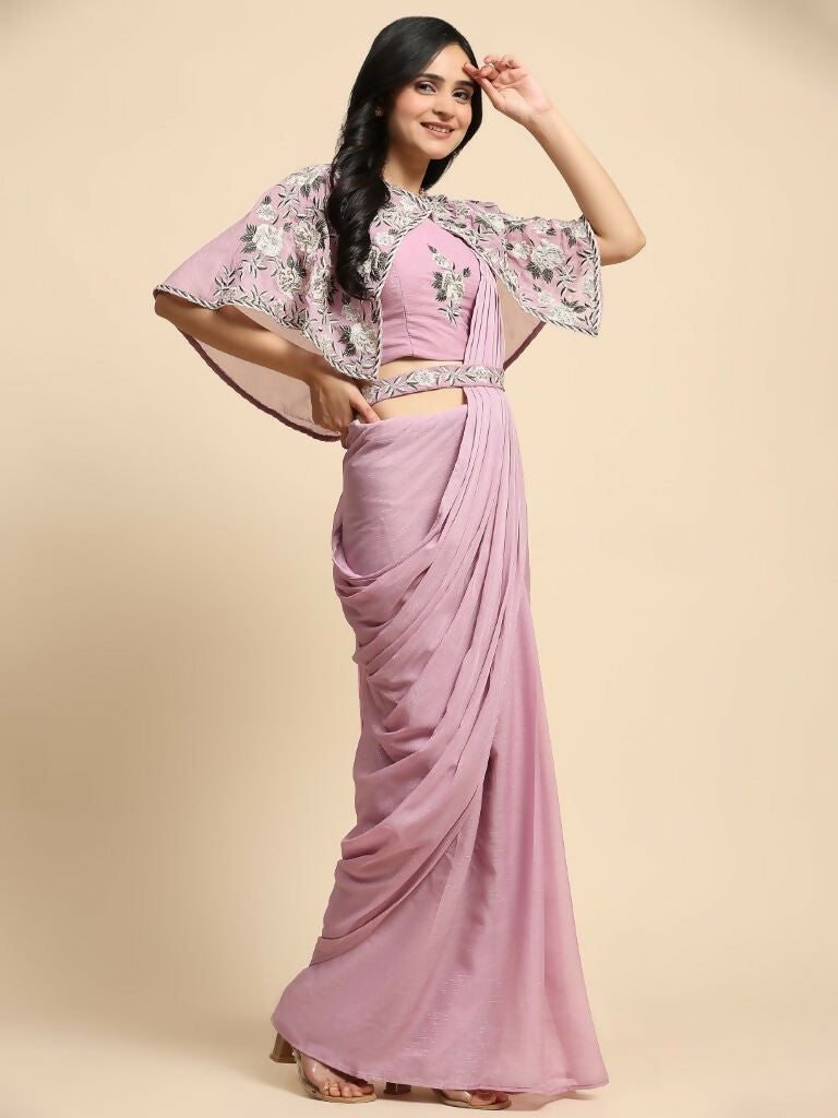 Pink Chiffon Solid Ready to wear Saree with stitched Blouse - Aayan - Distacart