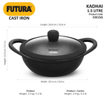 Thumbnail for Hawkins Futura Cast Iron Nonstick Kadai with Glass Lid - Black (CIK15G)