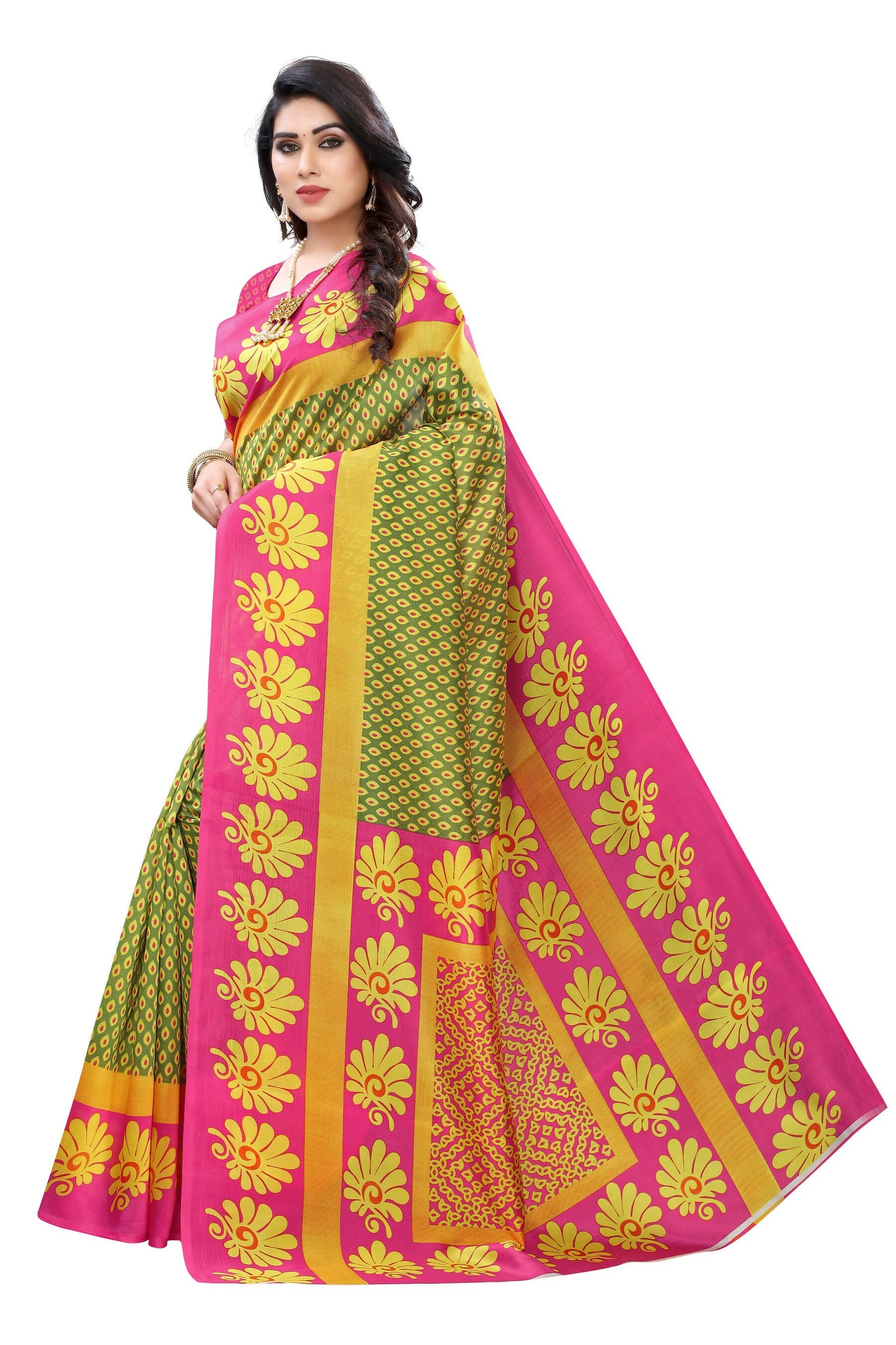 Vamika pink & green Printed Art Silk Saree - Distacart