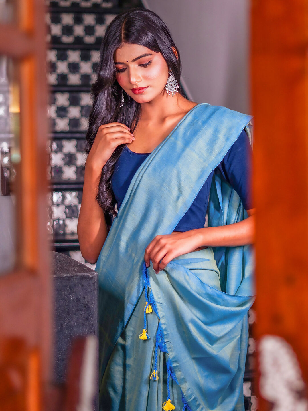 Zibaa Hand-Dyed Mul Cotton Teal Blue Saree with Tassels