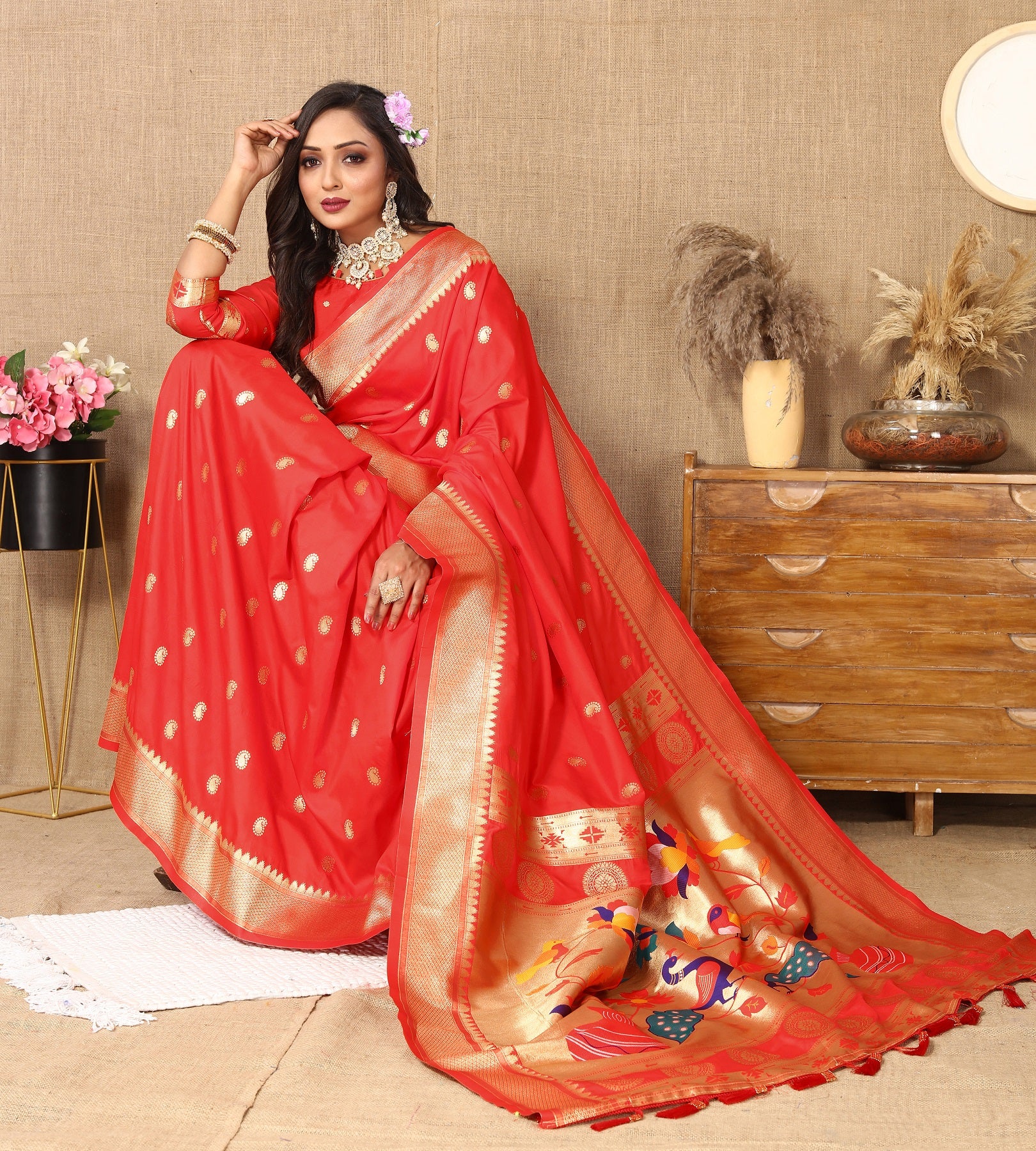 Vedant Vastram Red Color Paithani Silk Saree - Red - Distacart