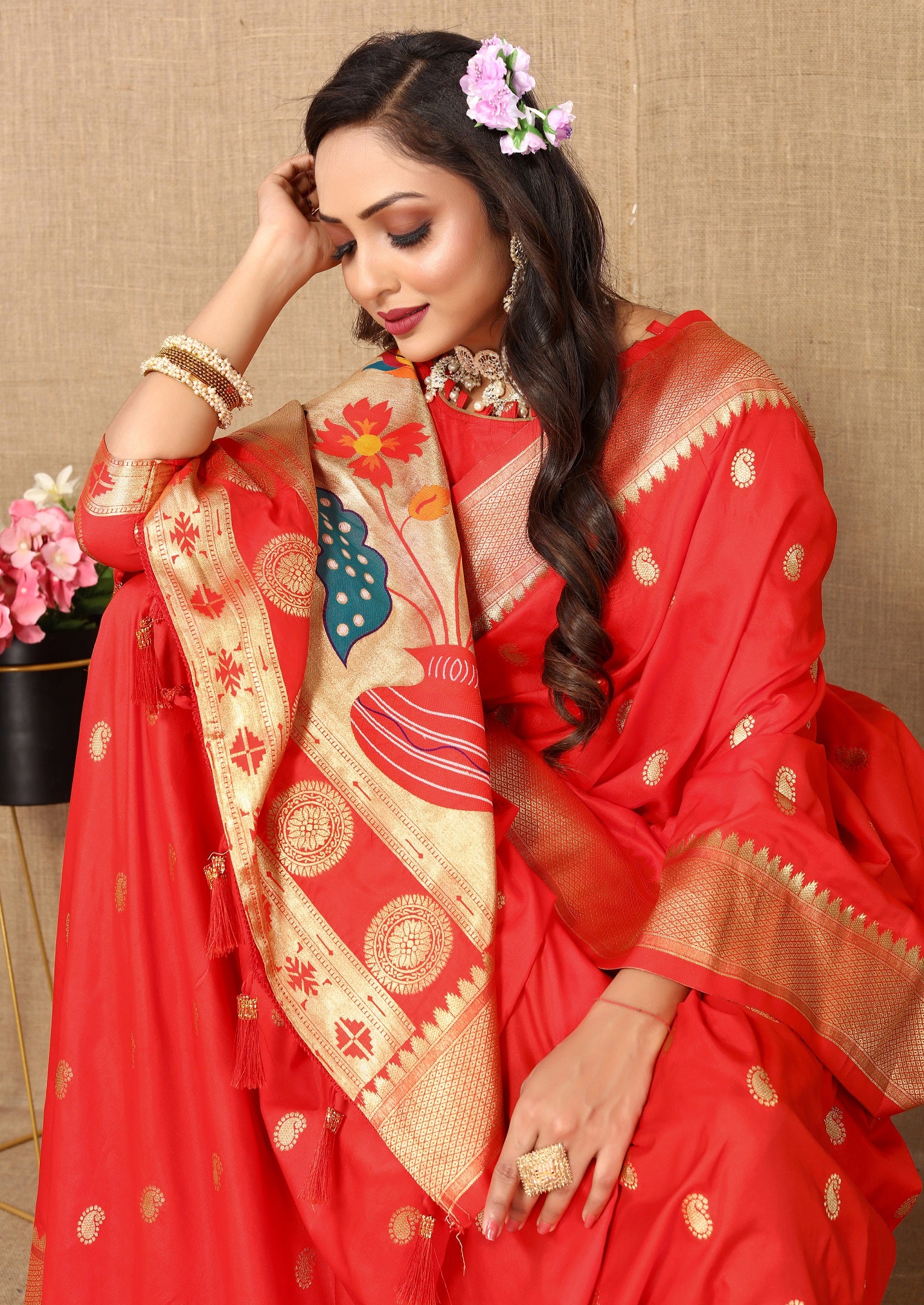 Vedant Vastram Red Color Paithani Silk Saree - Red - Distacart