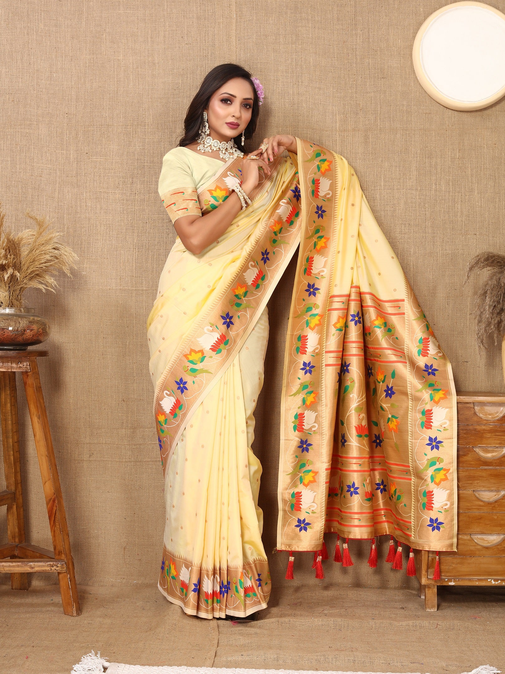 Vedant Vastram Cream Color Paithani Silk Saree - Cream - Distacart