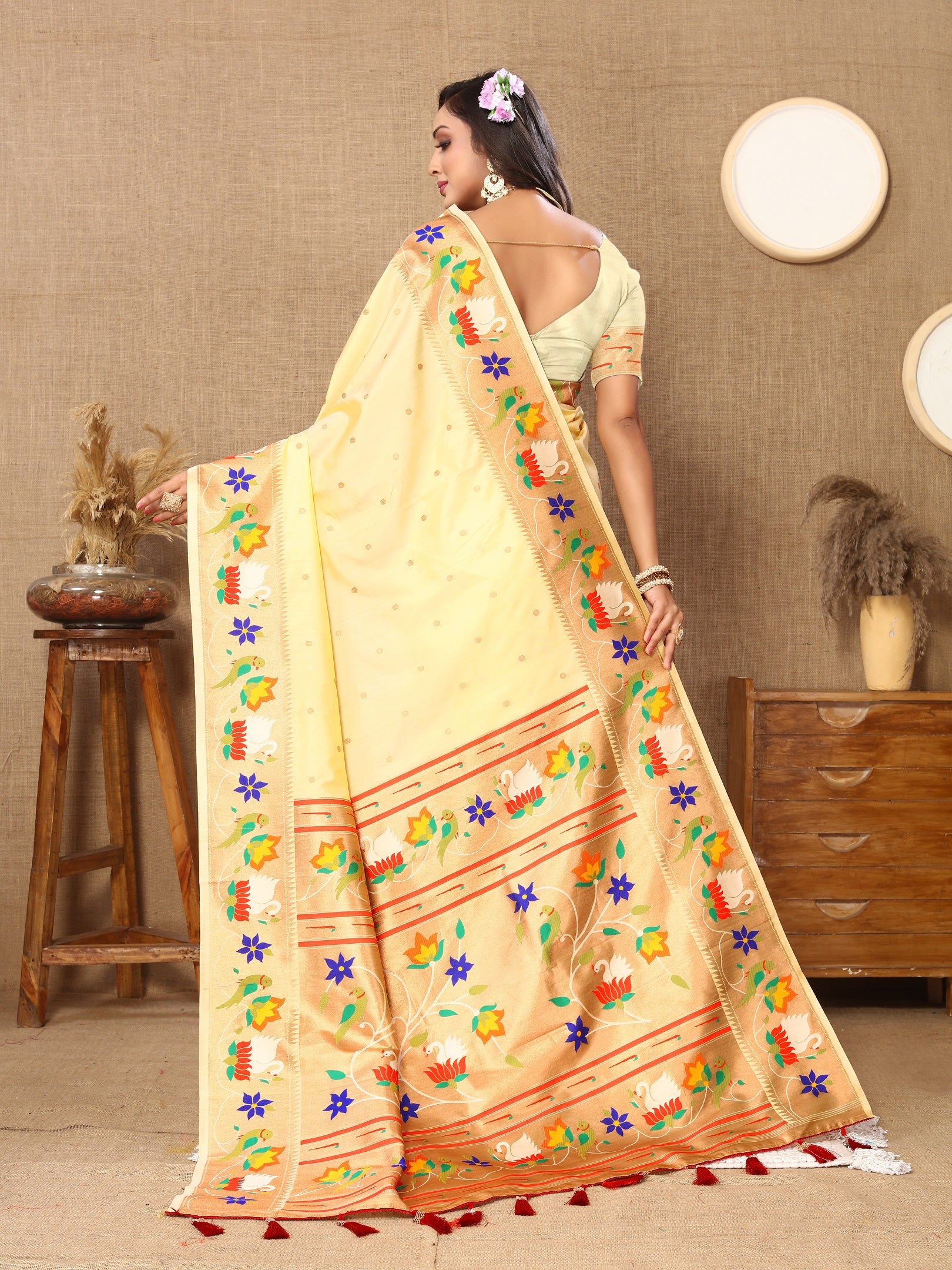 Vedant Vastram Cream Color Paithani Silk Saree - Cream - Distacart