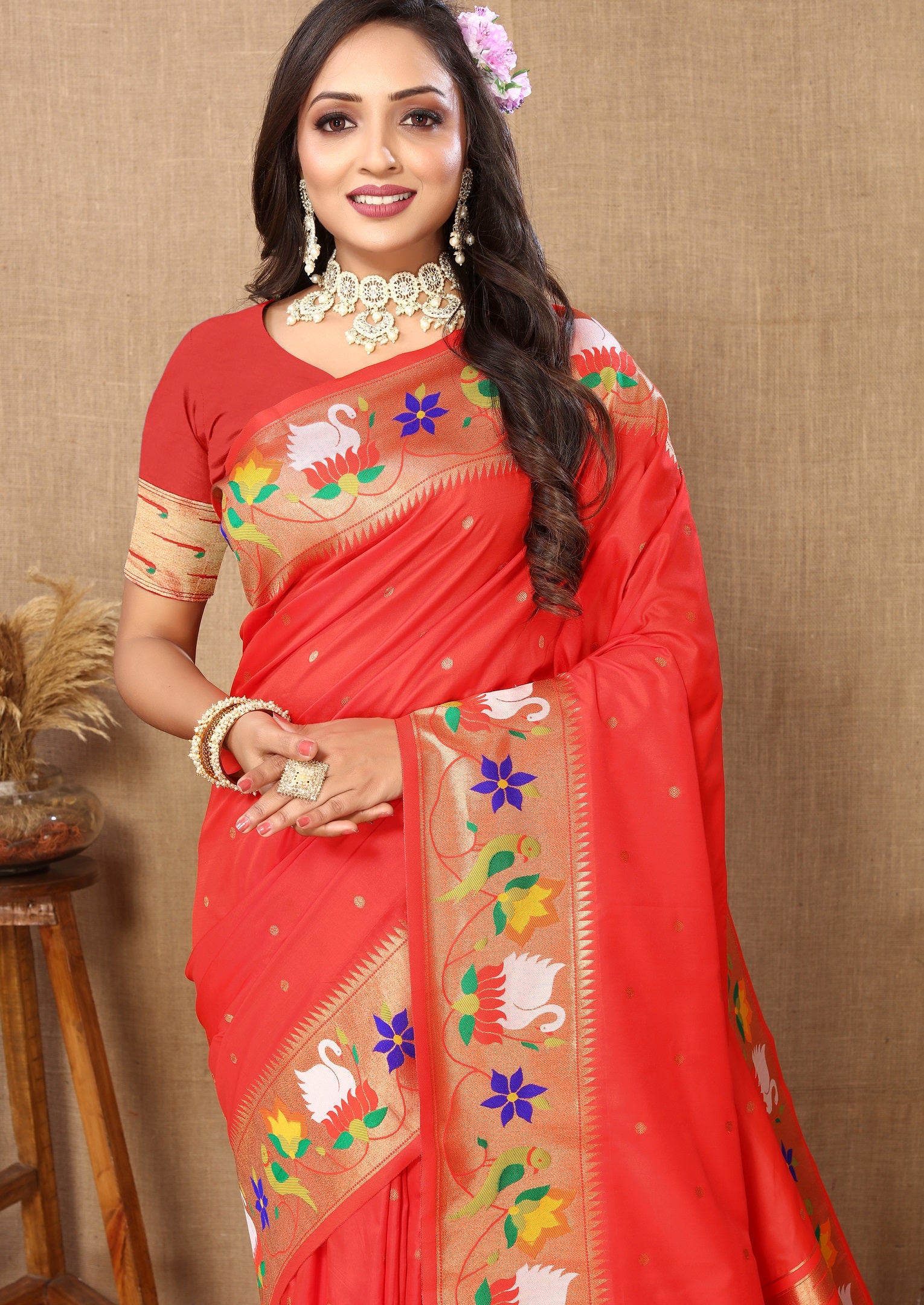 Vedant Vastram Red Color Paithani Silk Saree - Red - Distacart