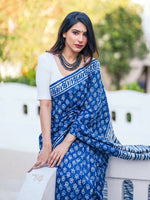 Thumbnail for Zibaa Hand-Blocked Pure Mul Cotton Indigo Saree
