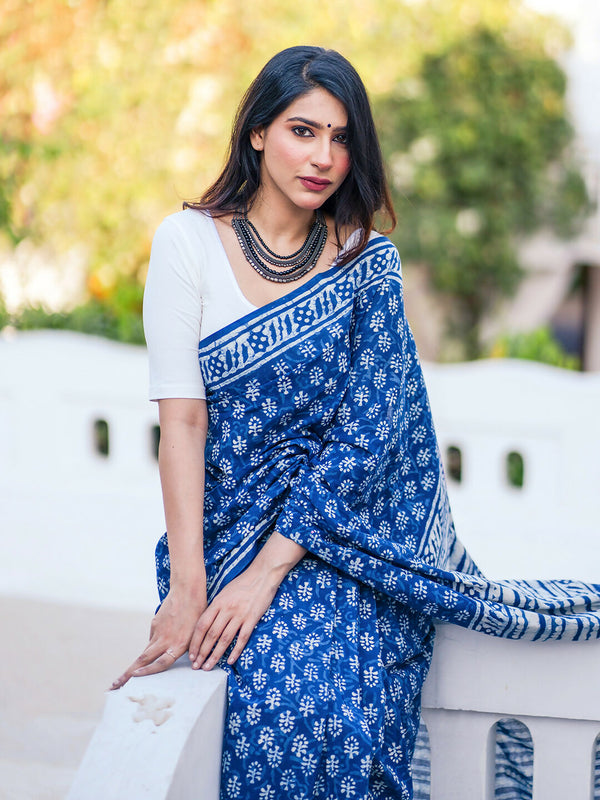 Zibaa Hand-Blocked Pure Mul Cotton Indigo Saree