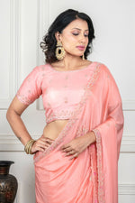 Thumbnail for Morchari Peach Chiffon Hand Embroidery Saree And Stitched Blouse
