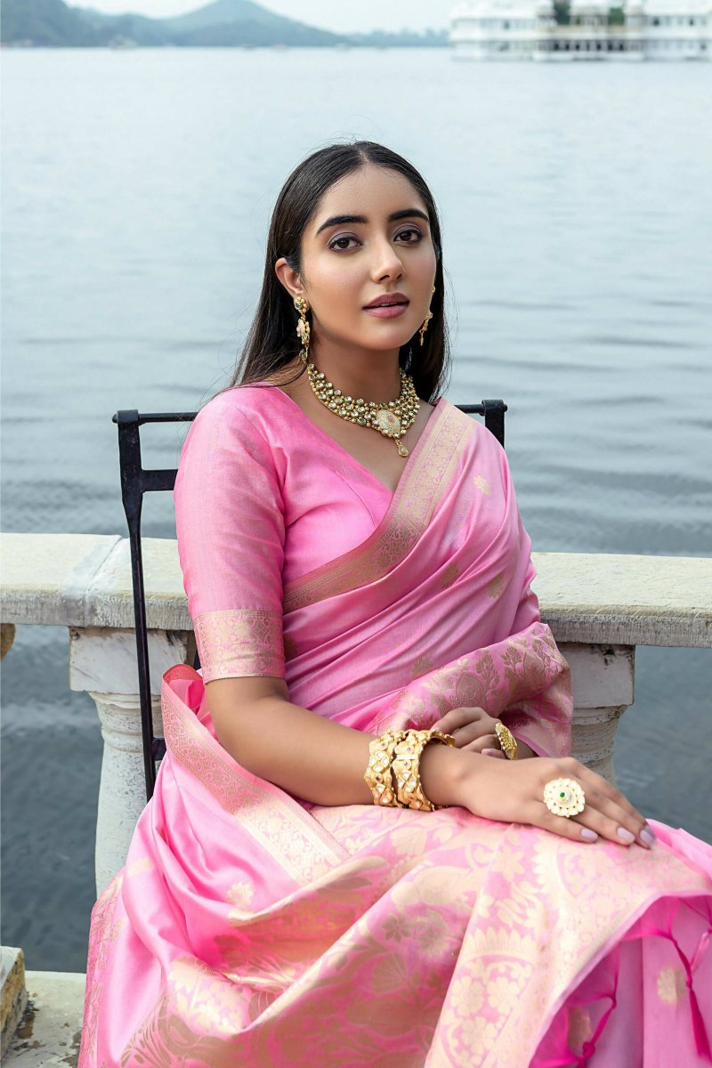 Aastha Fashion Pink Woven Soft Silk Saree with Blouse - Distacart