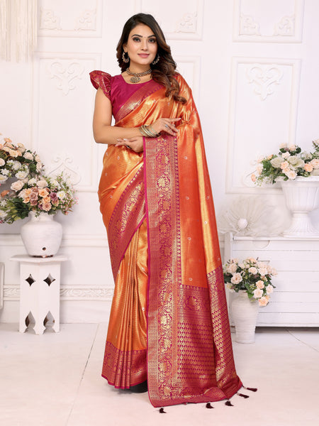 Vedant Vastram Tissue Silk Kanjeevaram Silk Saree - Mustard - Distacart
