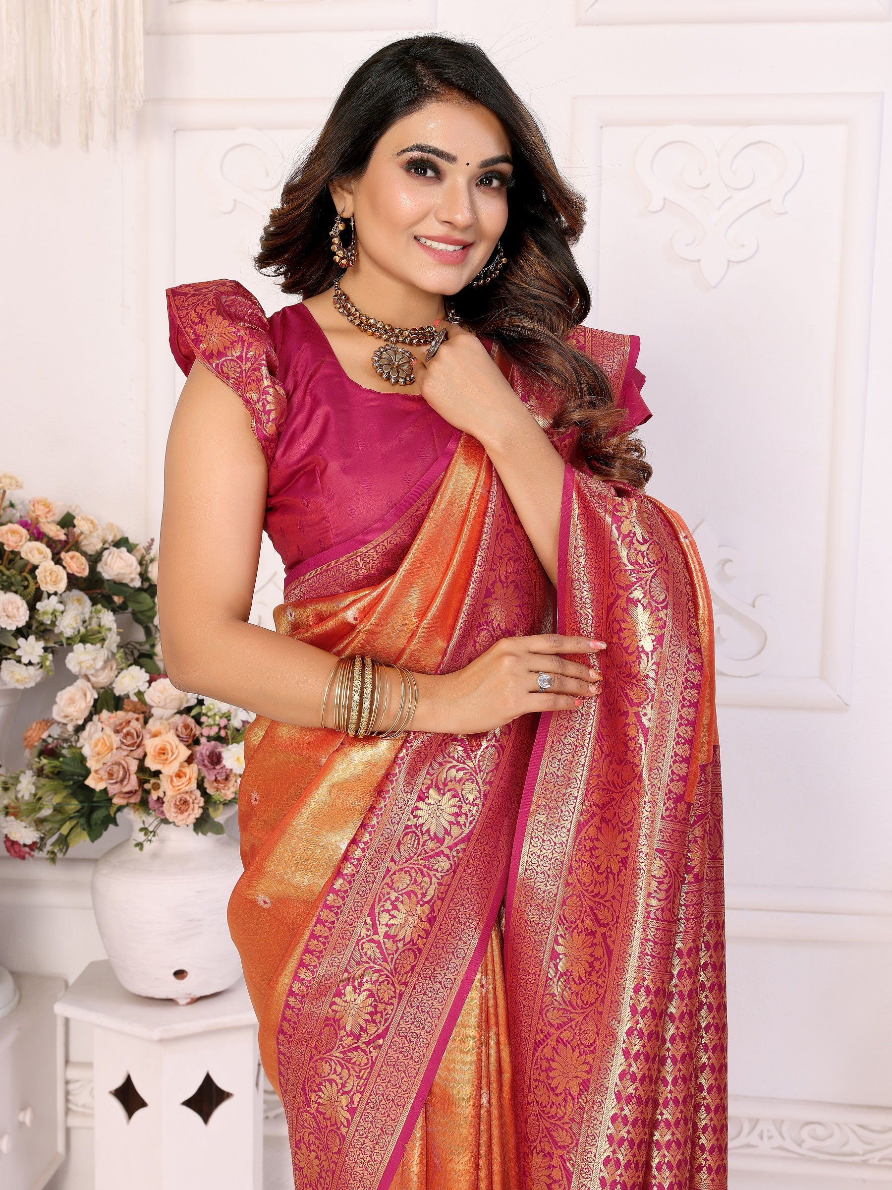Vedant Vastram Tissue Silk Kanjeevaram Silk Saree - Mustard - Distacart