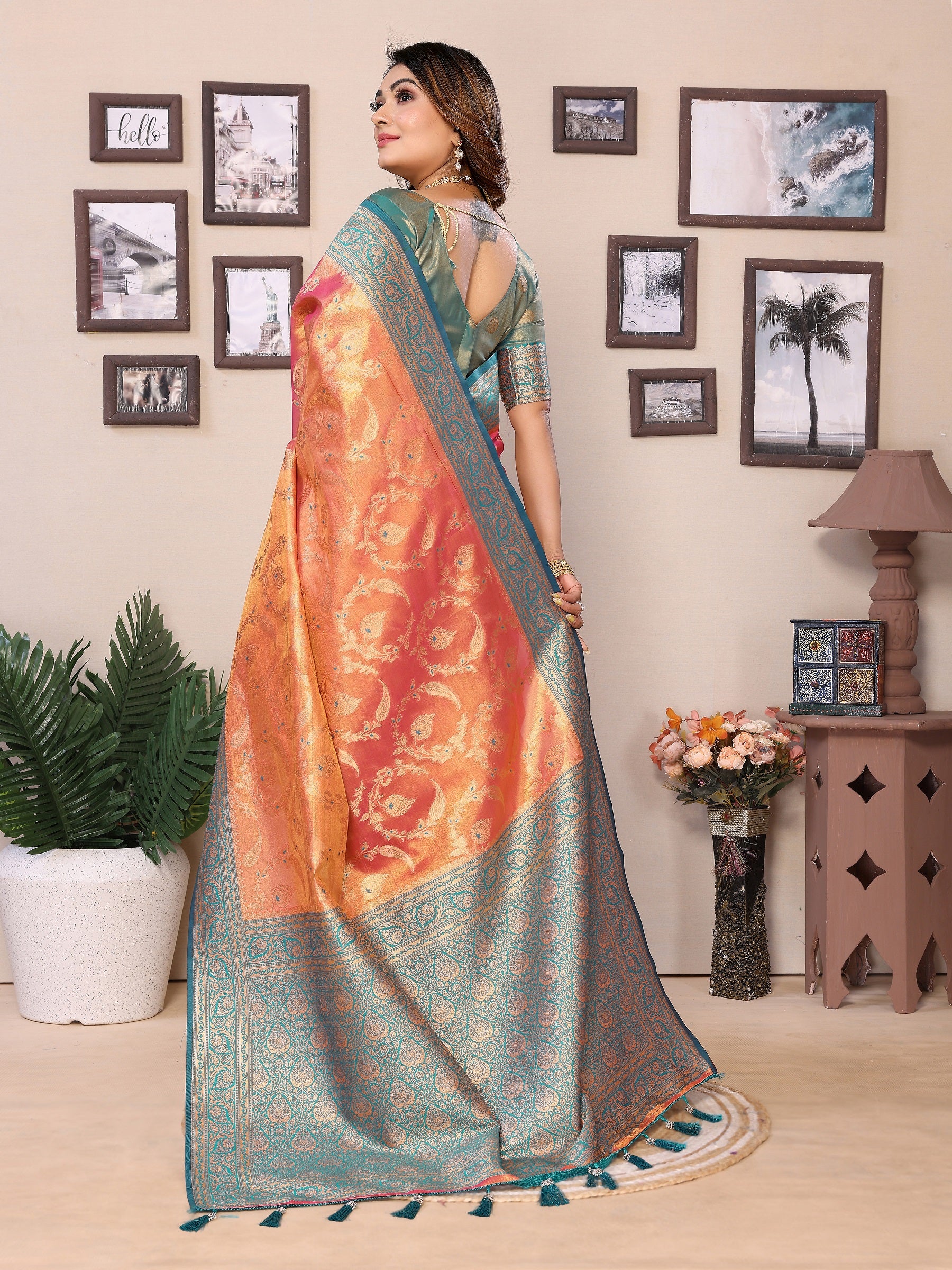 Vedant Vastram Tissue Silk Kanjeevaram Silk Saree - Orange - Distacart