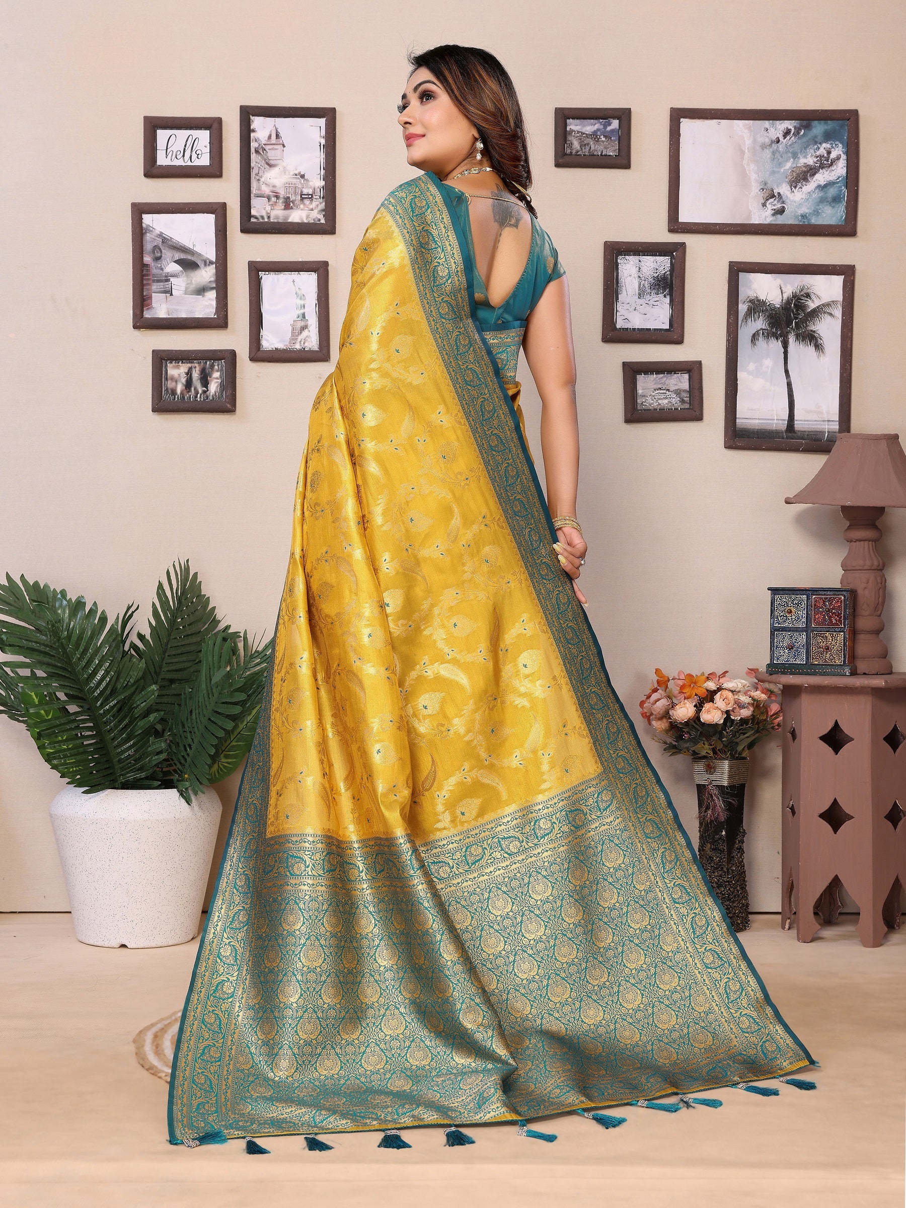 Vedant Vastram Tissue Silk Kanjeevaram Silk Saree - Yellow - Distacart