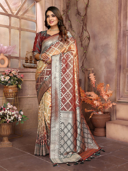 Vedant Vastram Soft Litchi Silk Kanjeevaram Silk Saree - Beige - Distacart