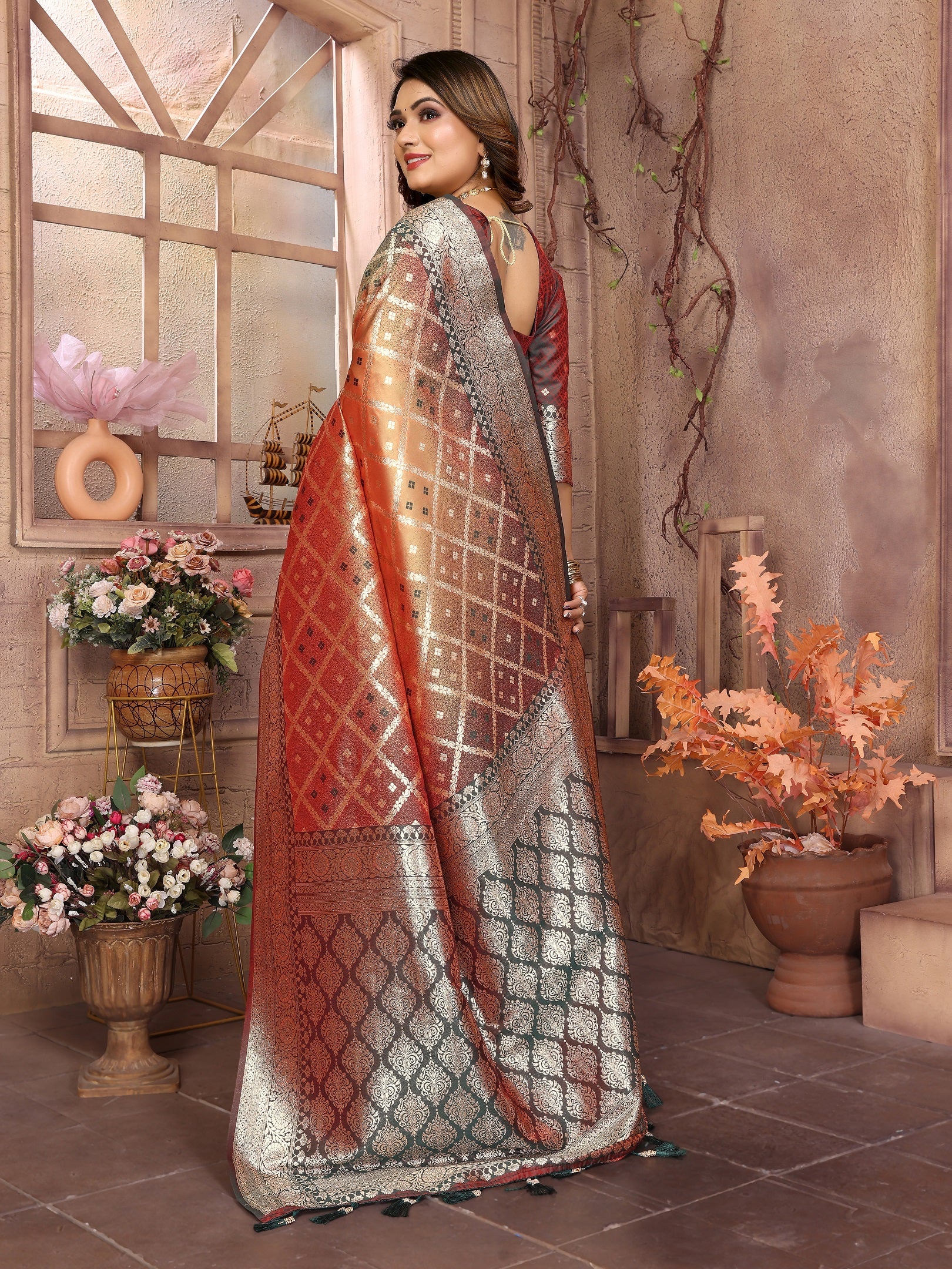 Vedant Vastram Soft Litchi Silk Kanjeevaram Silk Saree - Beige - Distacart