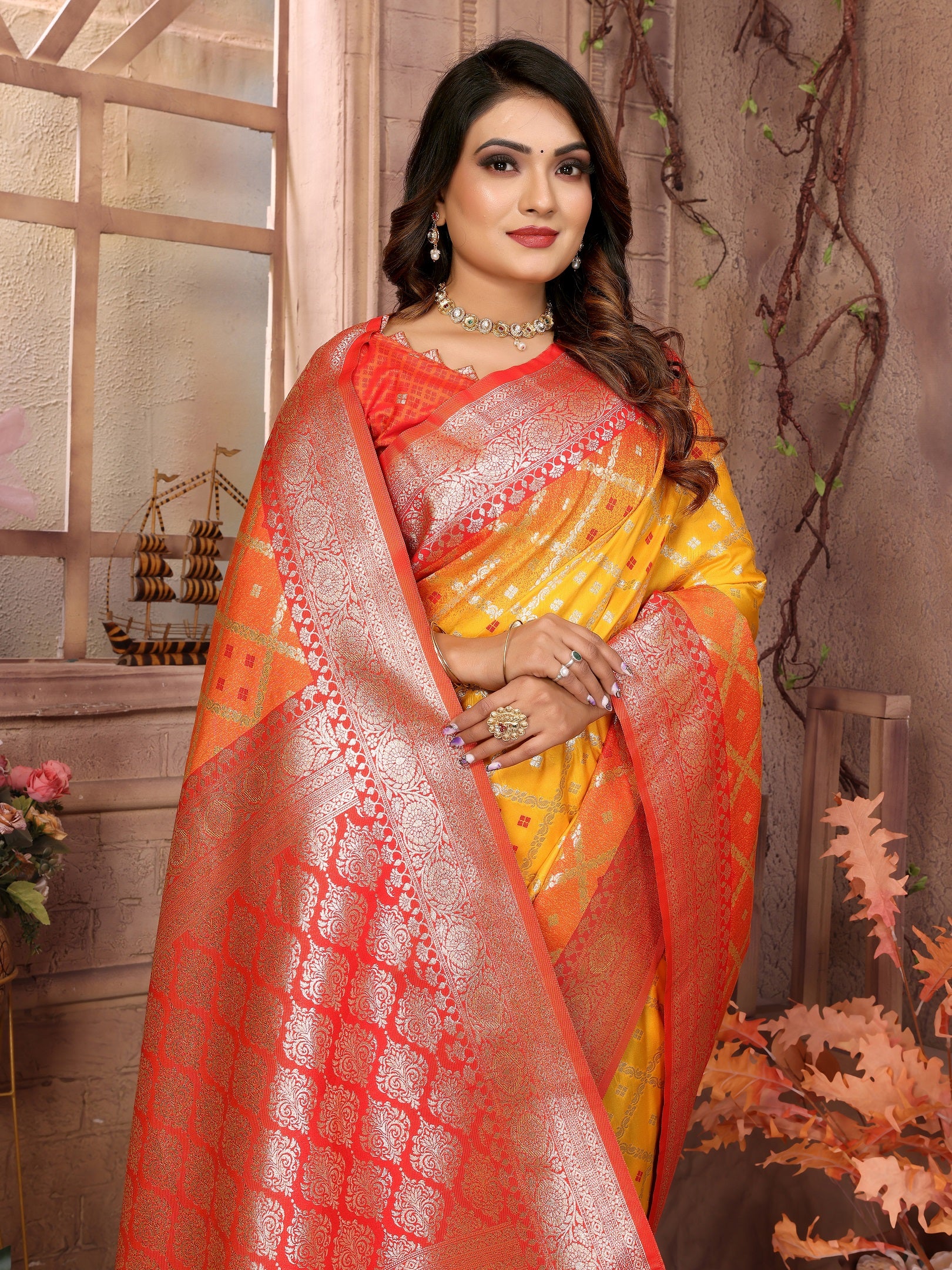 Vedant Vastram Soft Litchi Silk Kanjeevaram Silk Saree - Mustard - Distacart
