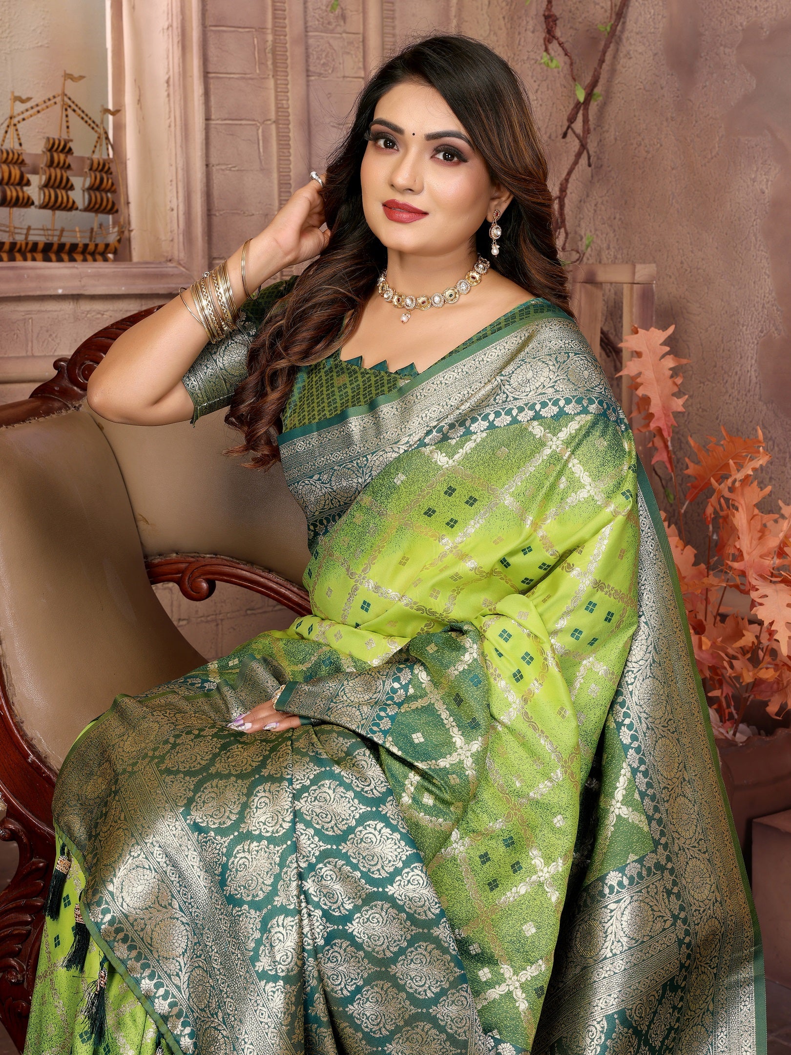 Vedant Vastram Soft Litchi Silk Kanjeevaram Silk Saree - Parrot - Distacart