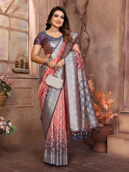 Vedant Vastram Soft Litchi Silk Kanjeevaram Silk Saree - Peach - Distacart