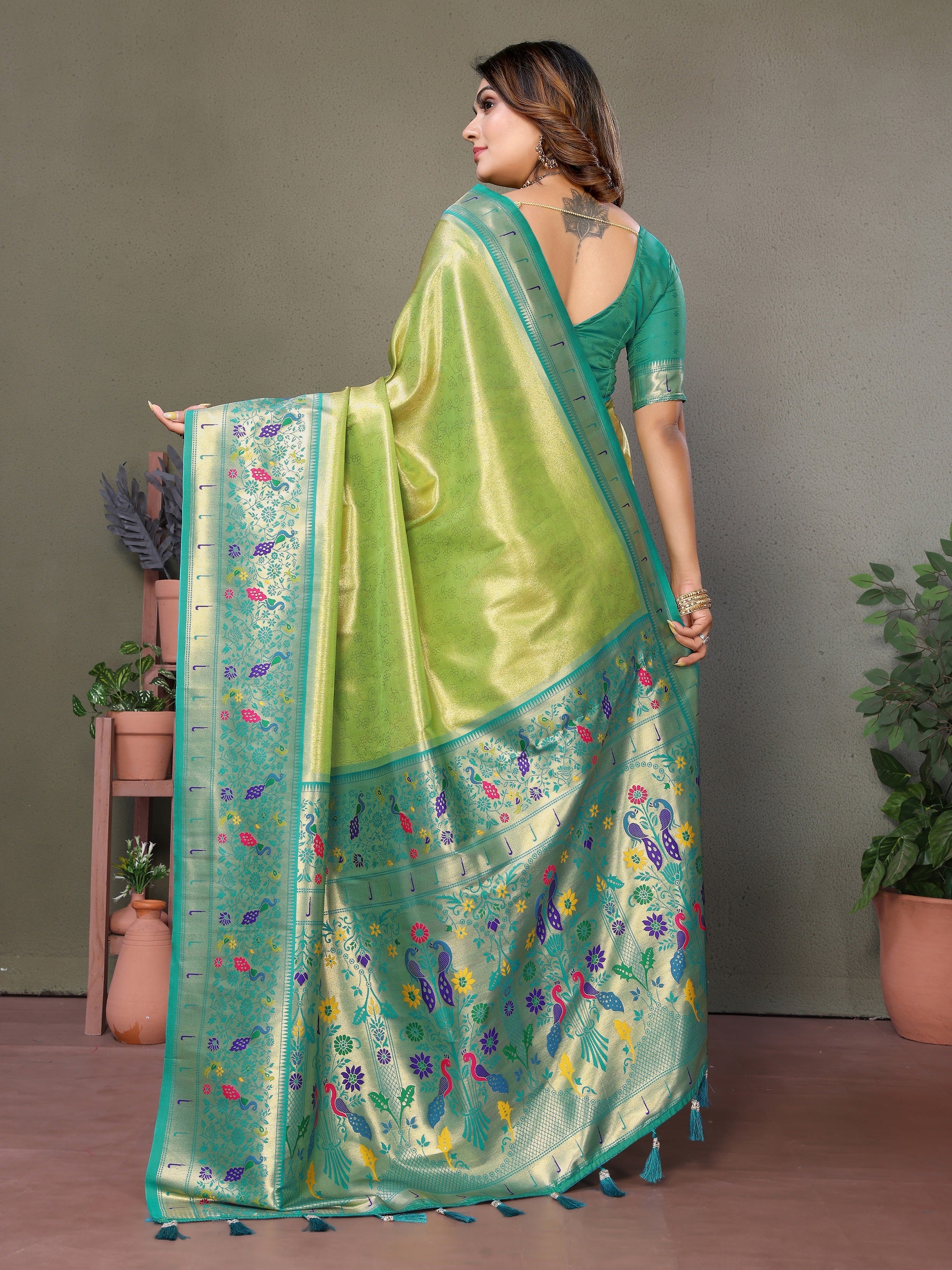 Vedant Vastram Tissue Silk Paithani Silk Saree - Parrot - Distacart