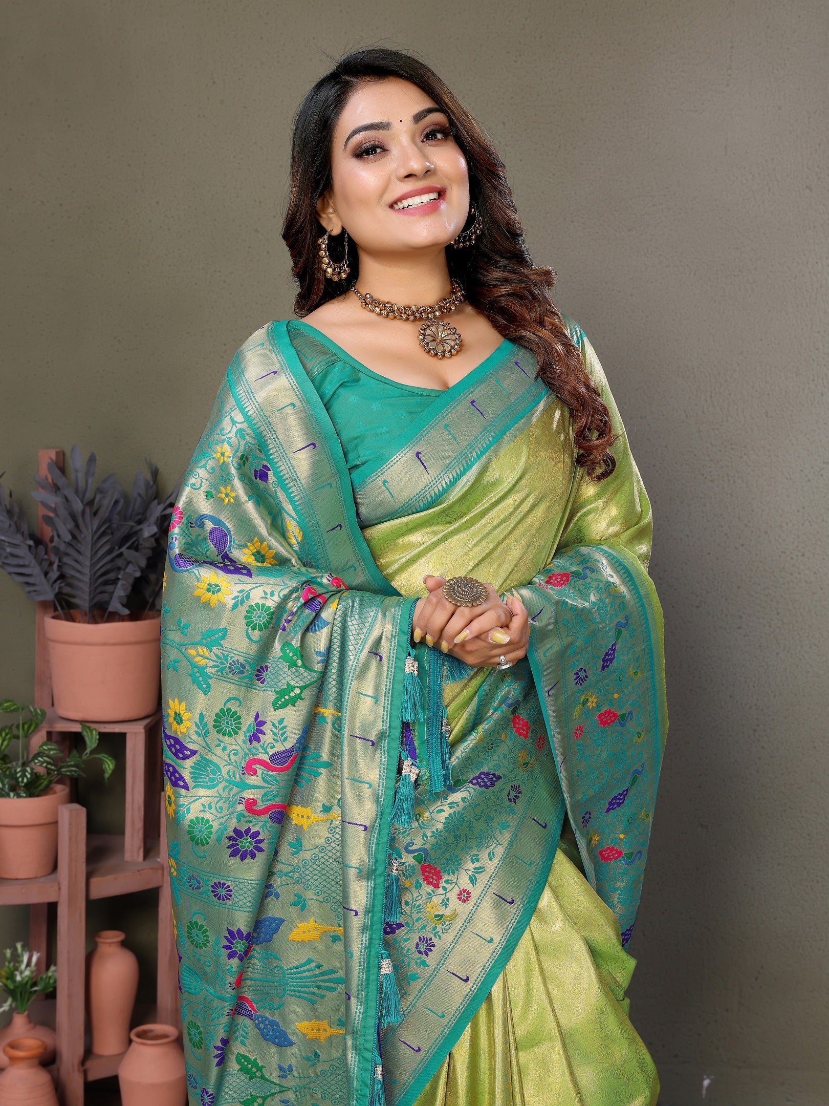 Vedant Vastram Tissue Silk Paithani Silk Saree - Parrot - Distacart