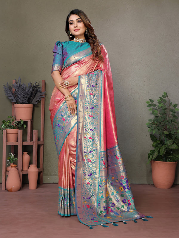 Vedant Vastram Tissue Silk Paithani Silk Saree - Peach - Distacart