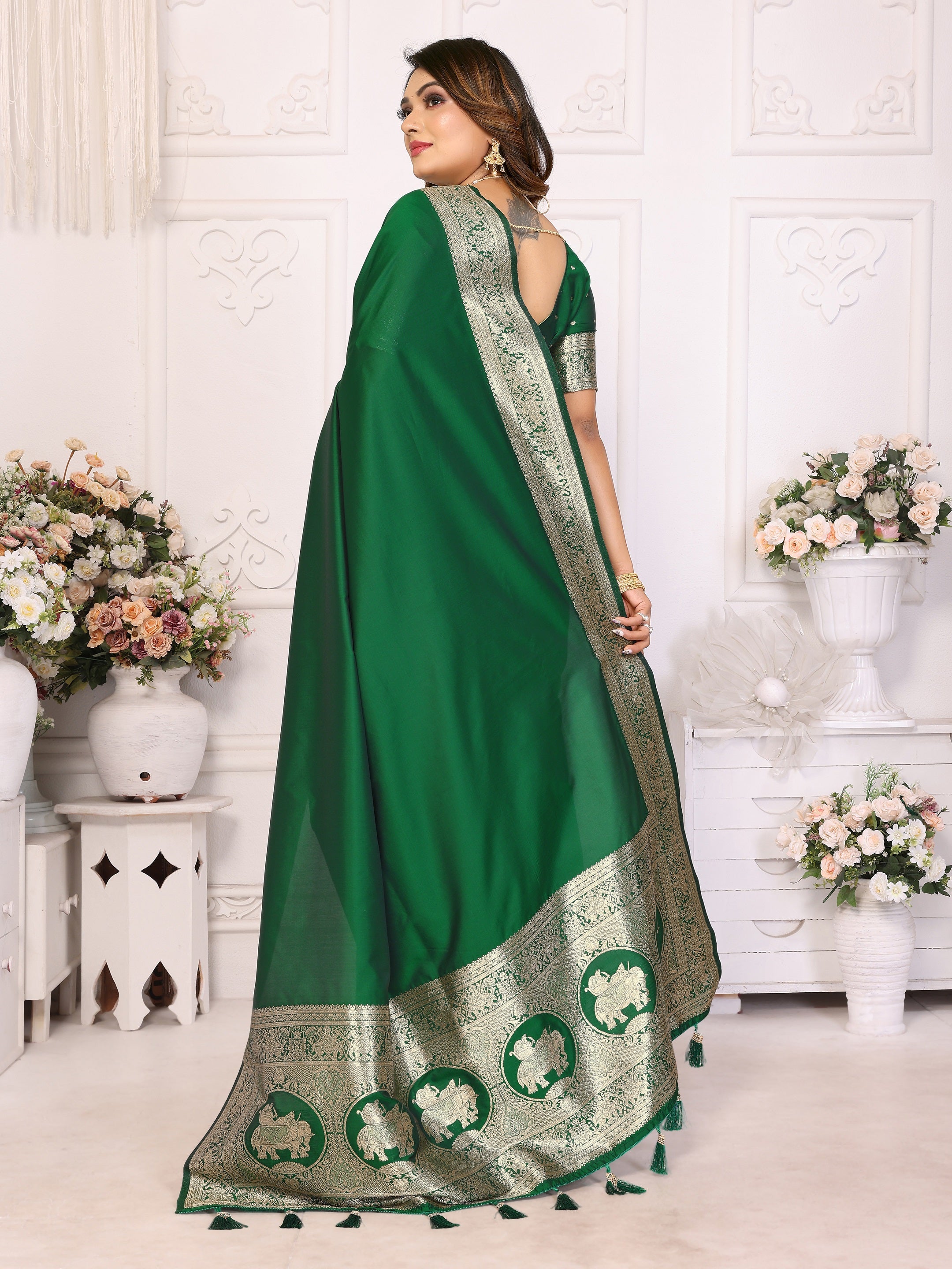 Vedant Vastram Soft Litchi Silk Banarasi Silk Saree - Green - Distacart