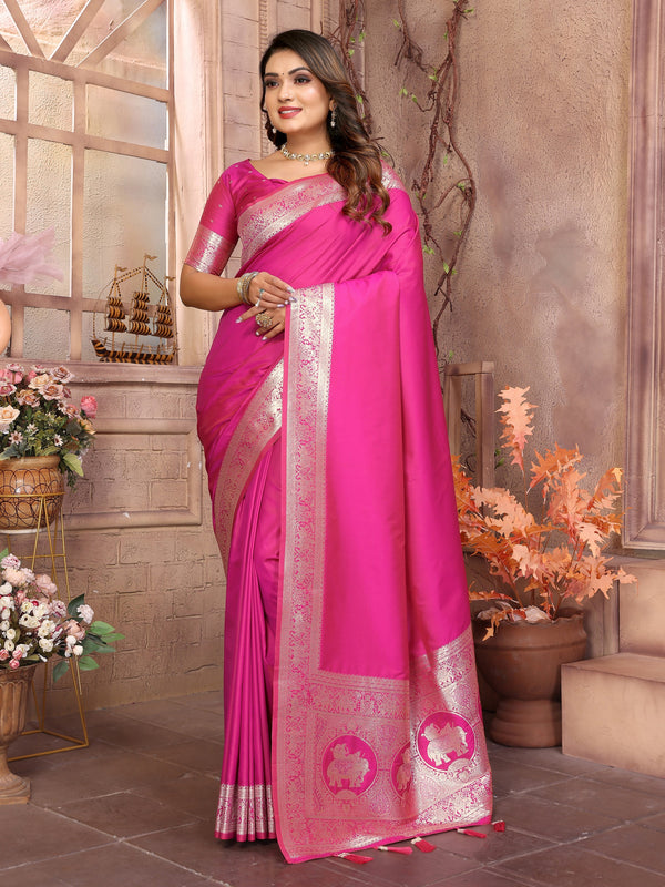 Vedant Vastram Soft Litchi Silk Banarasi Silk Saree - Magenta - Distacart