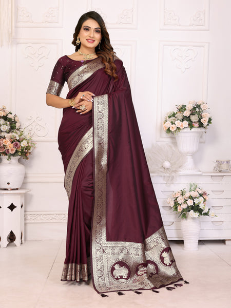 Vedant Vastram Soft Litchi Silk Banarasi Silk Saree - Maroon - Distacart