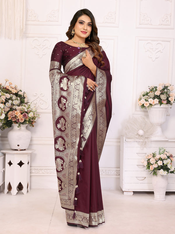 Vedant Vastram Soft Litchi Silk Banarasi Silk Saree - Maroon - Distacart