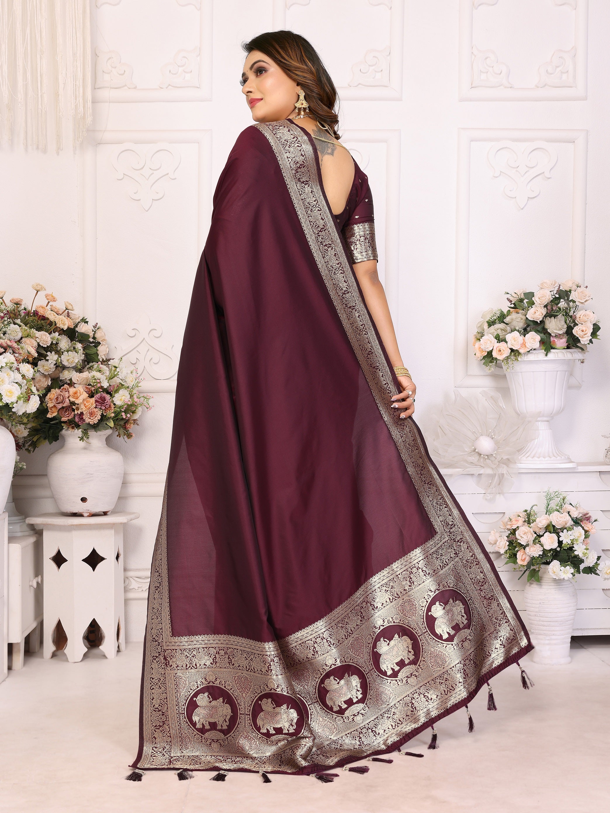 Vedant Vastram Soft Litchi Silk Banarasi Silk Saree - Maroon - Distacart