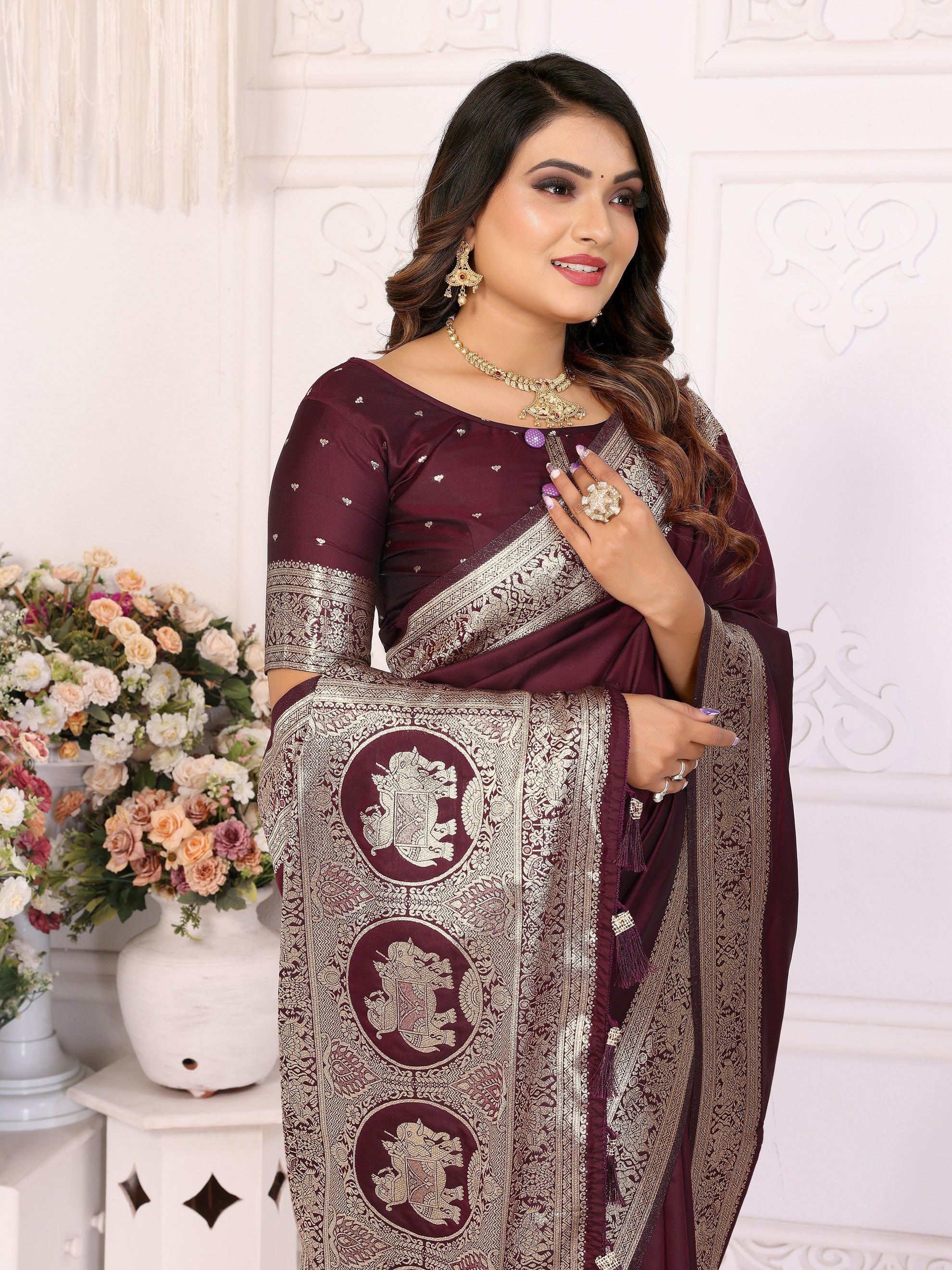 Vedant Vastram Soft Litchi Silk Banarasi Silk Saree - Maroon - Distacart