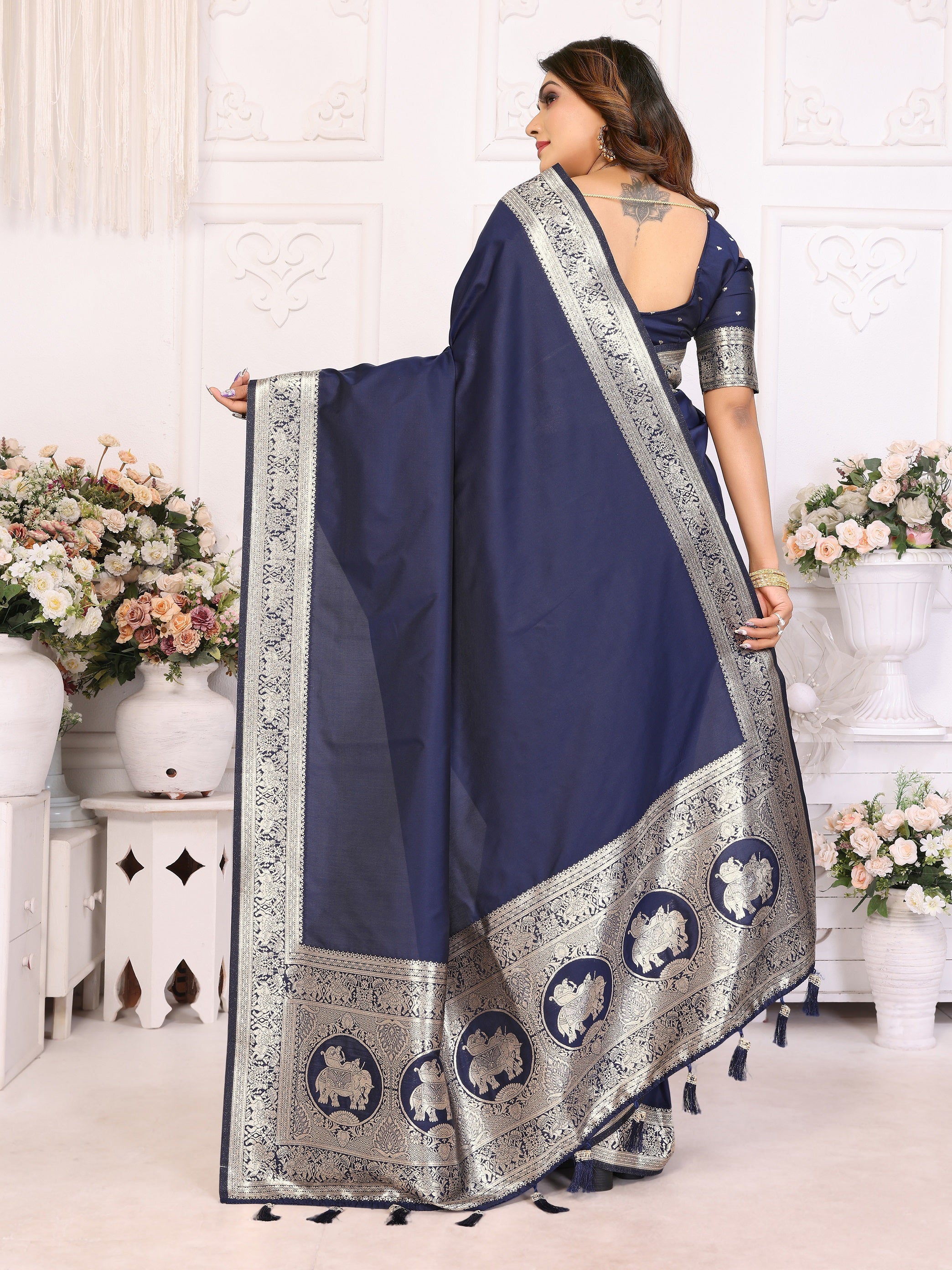 Vedant Vastram Soft Litchi Silk Banarasi Silk Saree - Navy - Distacart
