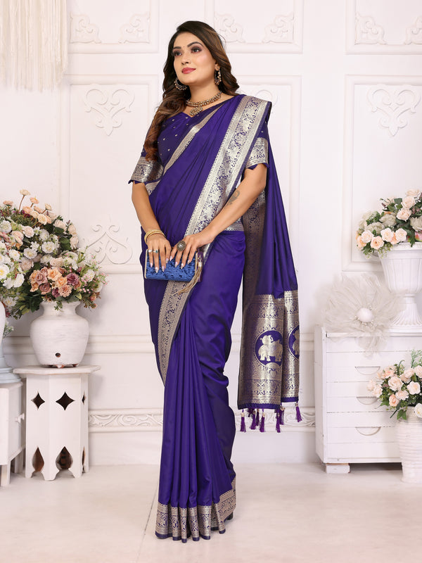 Vedant Vastram Soft Litchi Silk Banarasi Silk Saree - Violet - Distacart