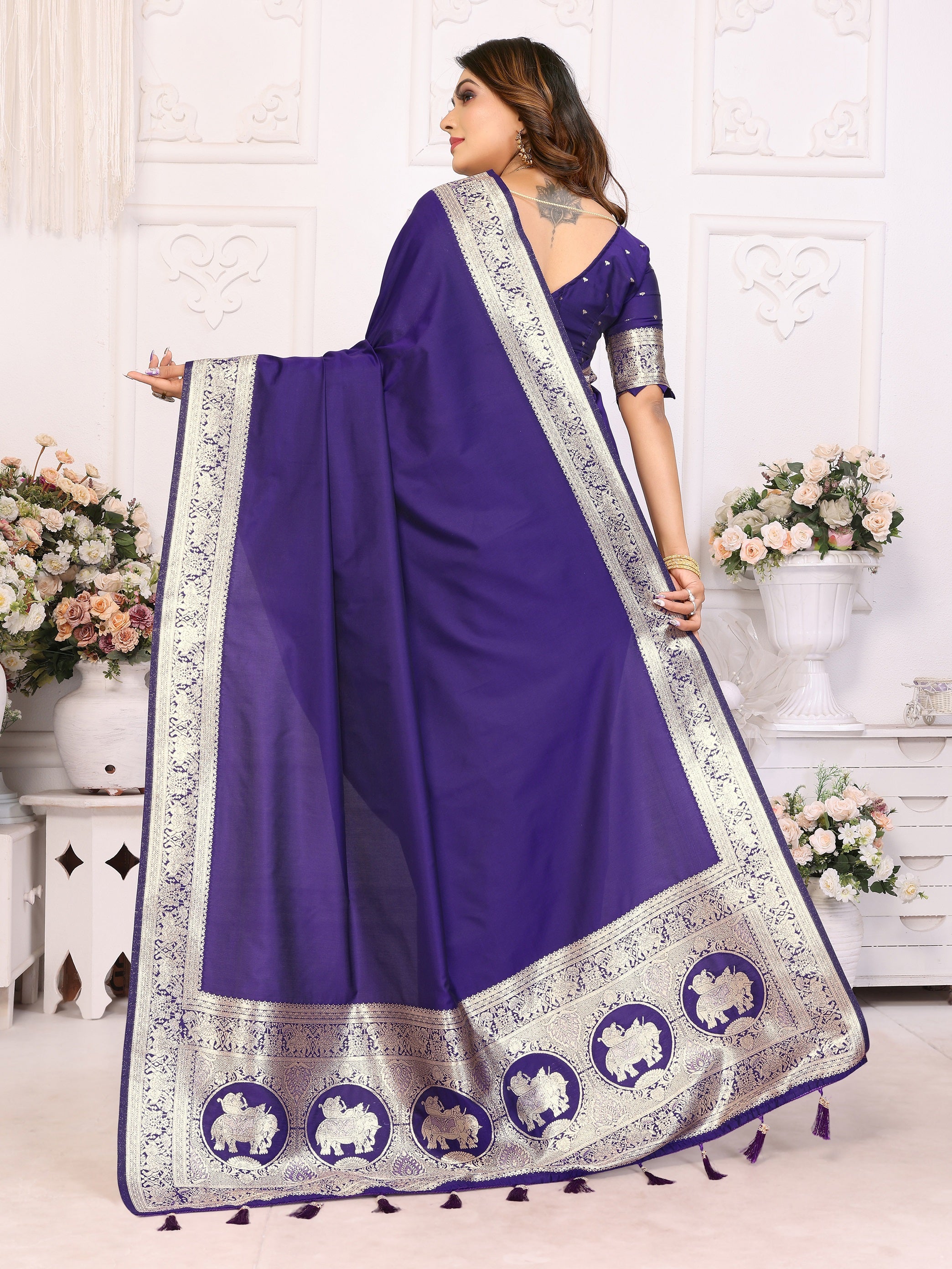 Vedant Vastram Soft Litchi Silk Banarasi Silk Saree - Violet - Distacart