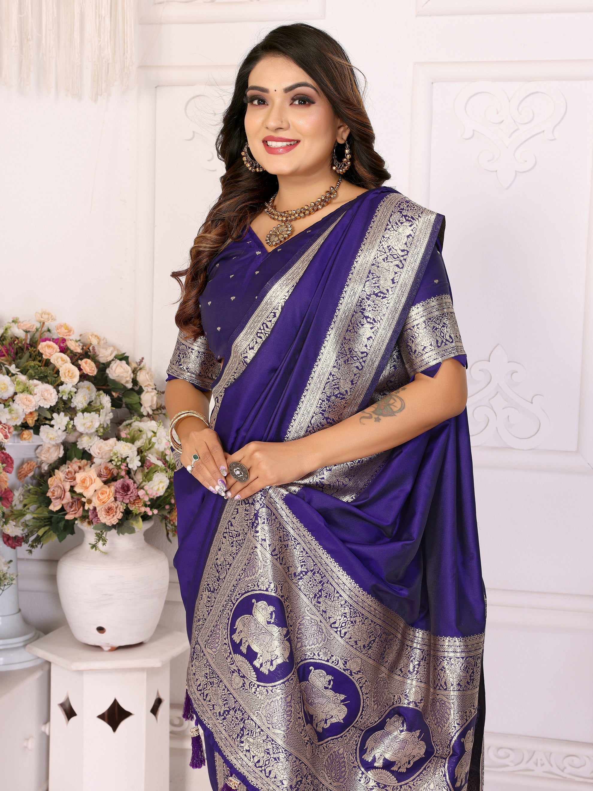 Vedant Vastram Soft Litchi Silk Banarasi Silk Saree - Violet - Distacart