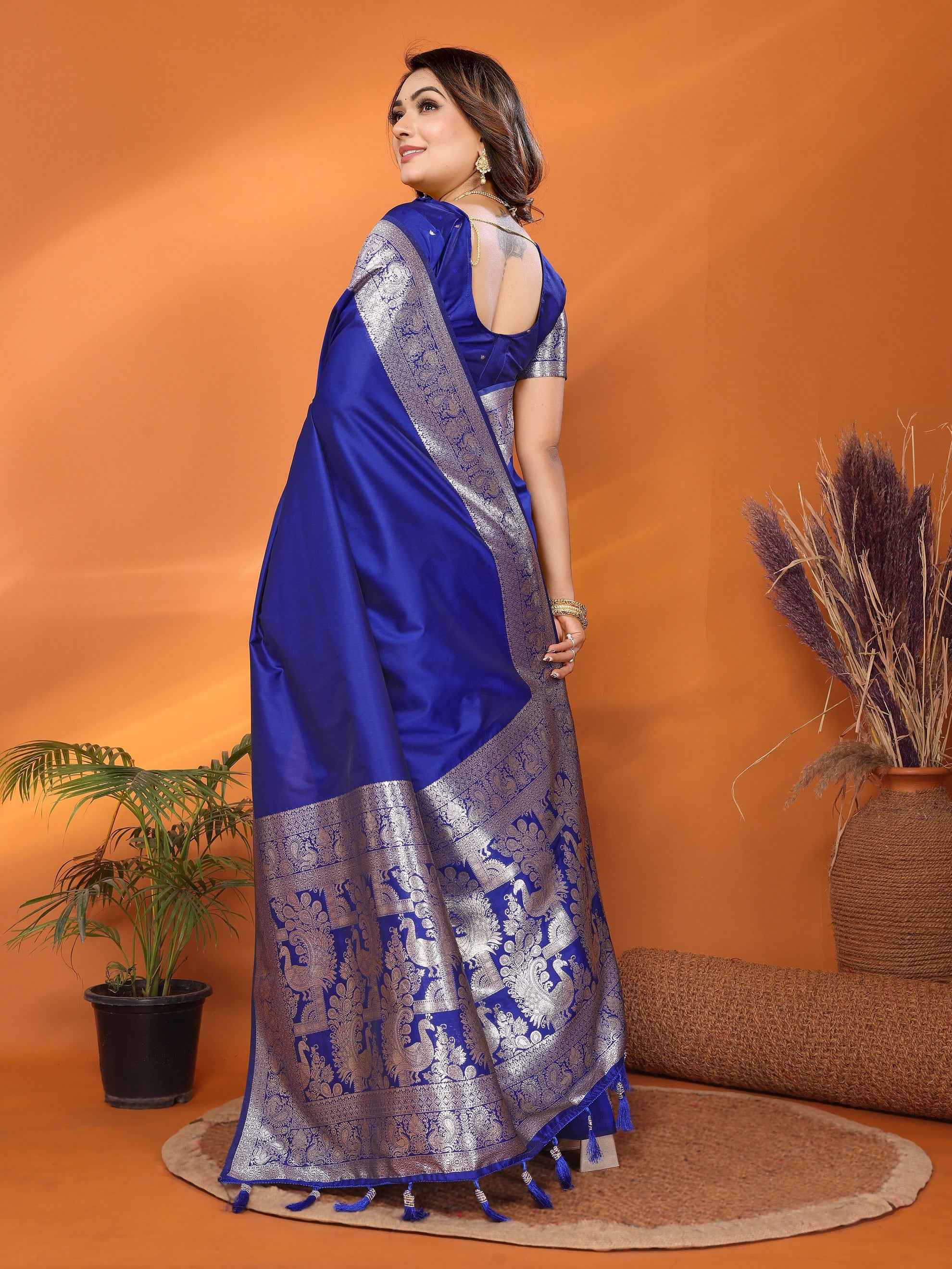 Vedant Vastram Soft Litchi Silk Banarasi Silk Saree - Blue - Distacart