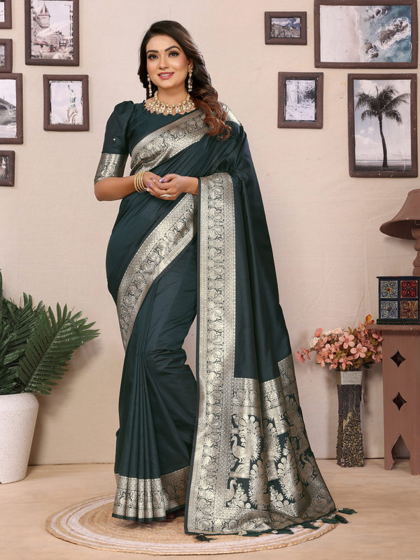 Vedant Vastram Soft Litchi Silk Banarasi Silk Saree - Green - Distacart