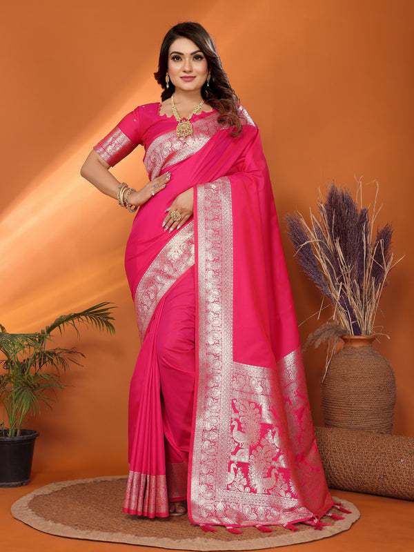 Vedant Vastram Soft Litchi Silk Banarasi Silk Saree - Magenta - Distacart