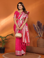 Thumbnail for Vedant Vastram Soft Litchi Silk Banarasi Silk Saree - Magenta - Distacart