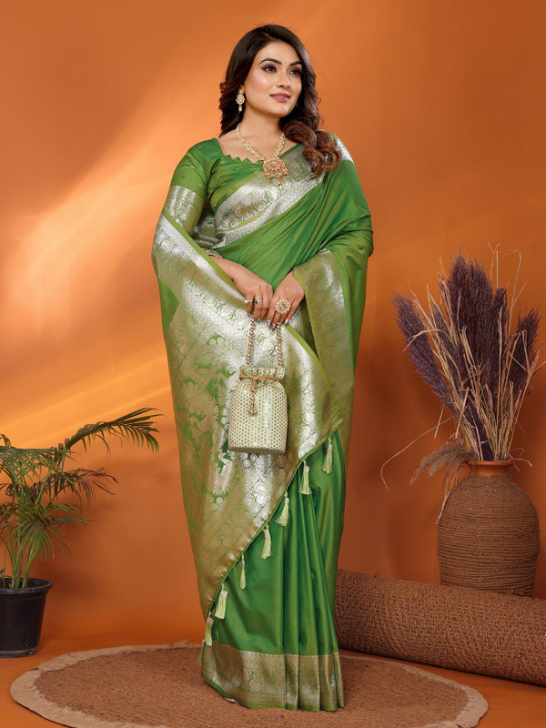 Vedant Vastram Soft Litchi Silk Banarasi Silk Saree - Mahendi - Distacart
