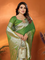 Thumbnail for Vedant Vastram Soft Litchi Silk Banarasi Silk Saree - Mahendi - Distacart