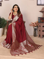 Thumbnail for Vedant Vastram Soft Litchi Silk Banarasi Silk Saree - Maroon - Distacart
