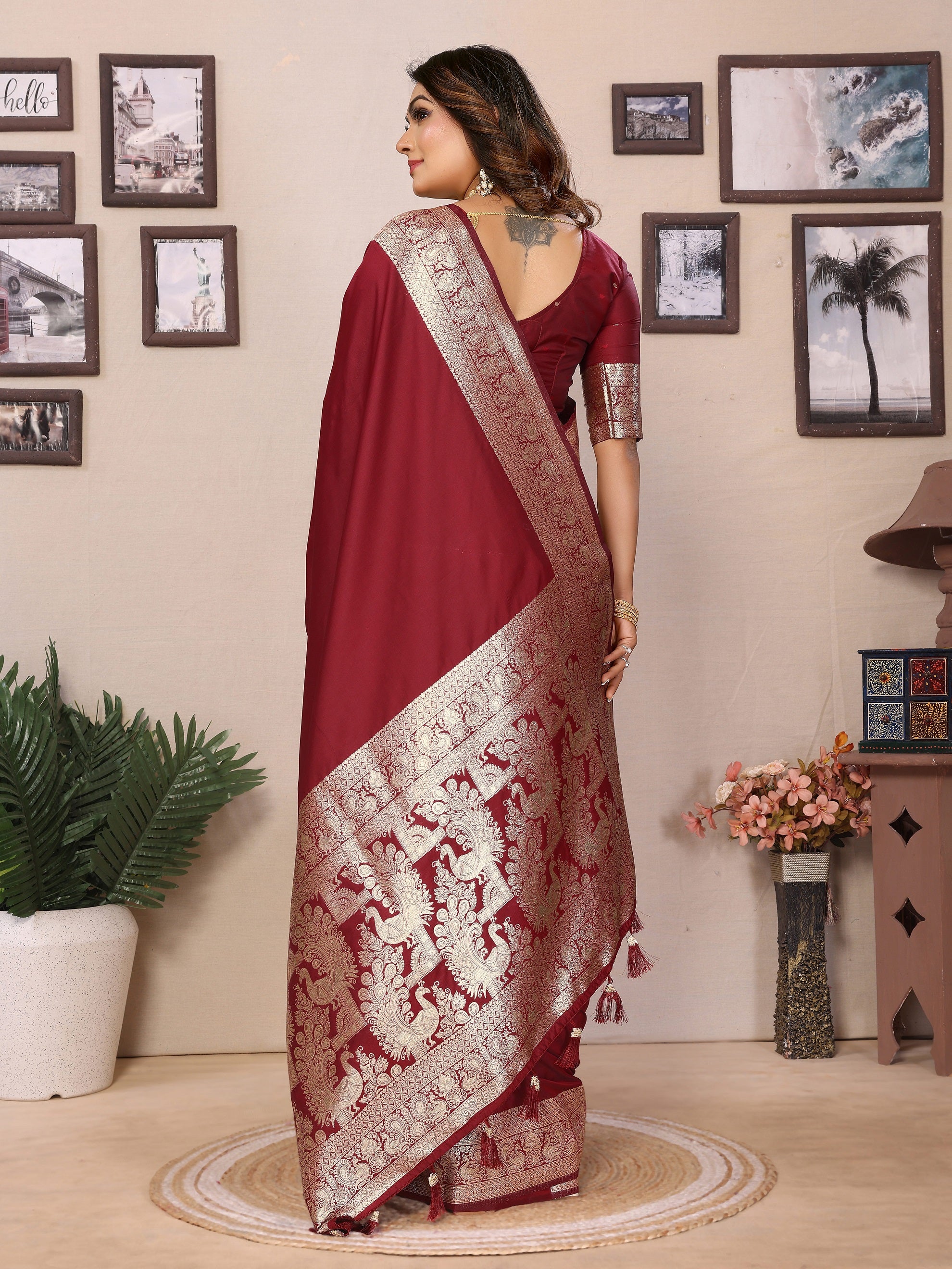 Vedant Vastram Soft Litchi Silk Banarasi Silk Saree - Maroon - Distacart